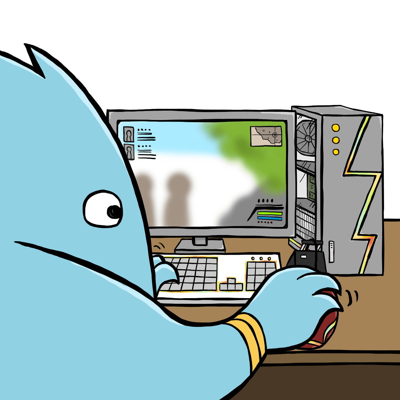 ゲーミングパソコンでゲームするパパモン マウスバンジー付 のフリーイラスト