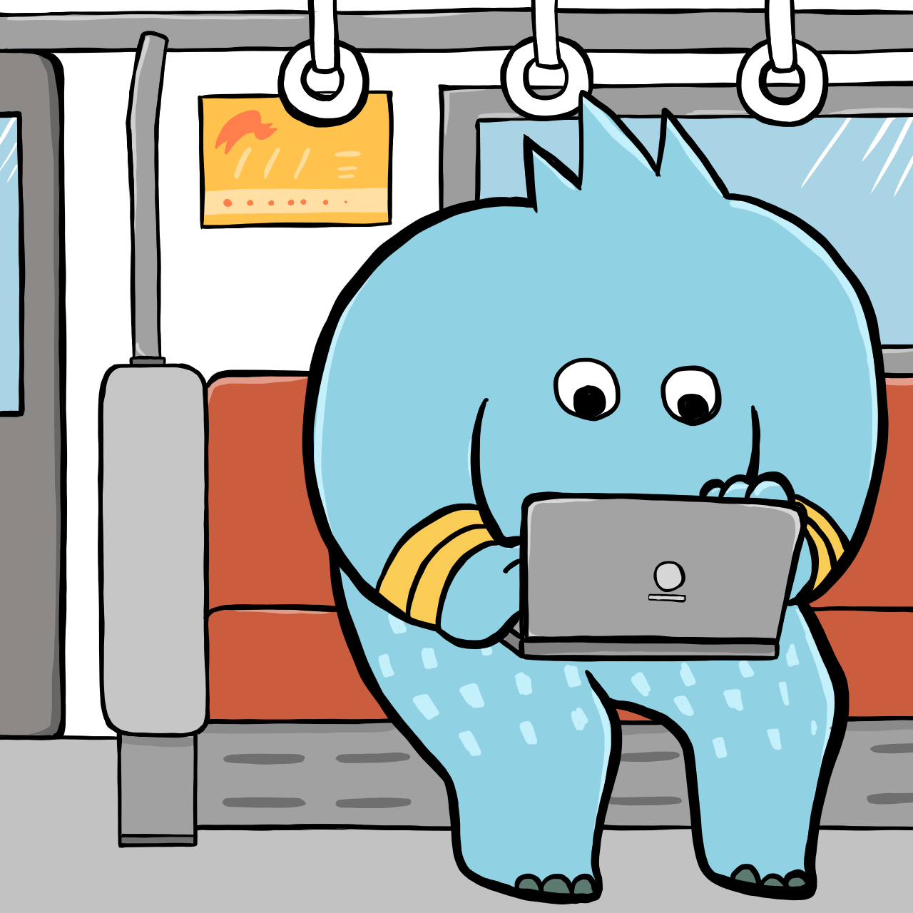 電車の中でノートパソコンを操作するパパモンのフリーイラスト