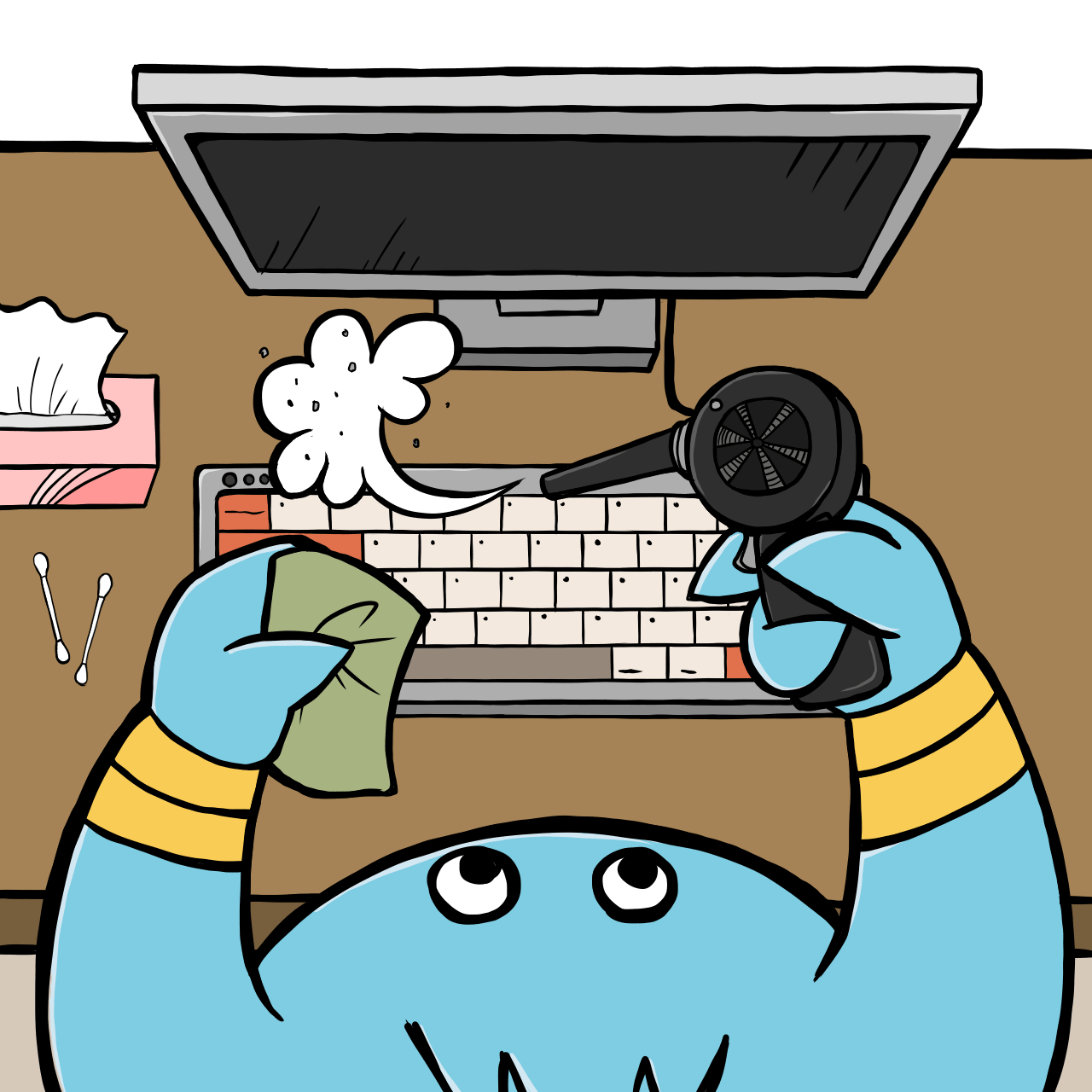 パソコンのキーボードを掃除するパパモンのフリーイラスト