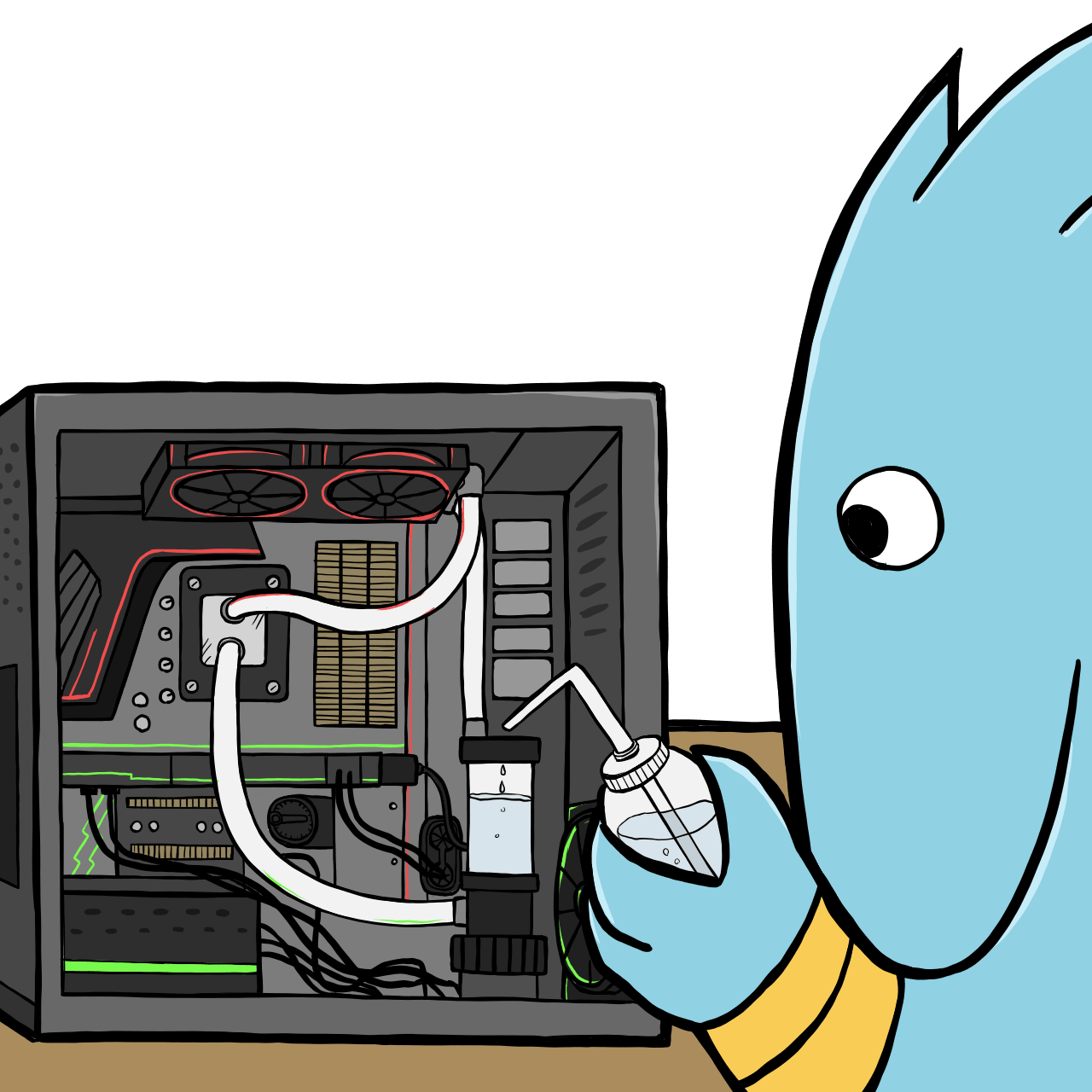 水冷パソコンを組むパパモンのフリーイラスト