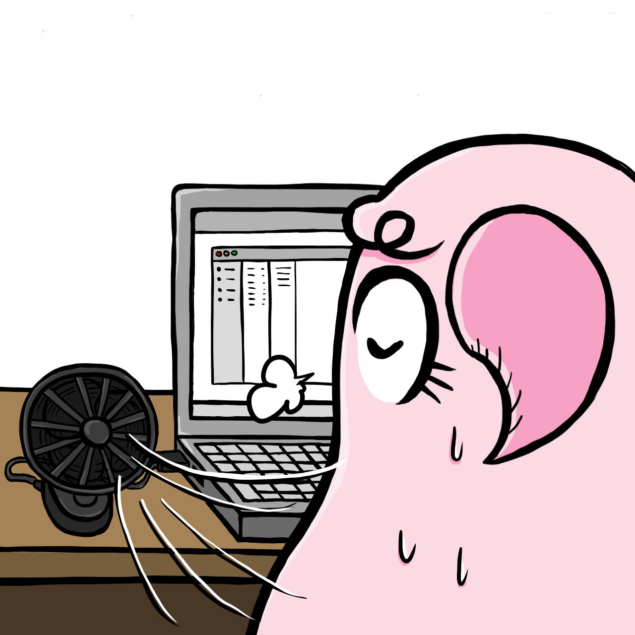 パソコンにUSB扇風機を付けて涼むママモンのフリーイラスト