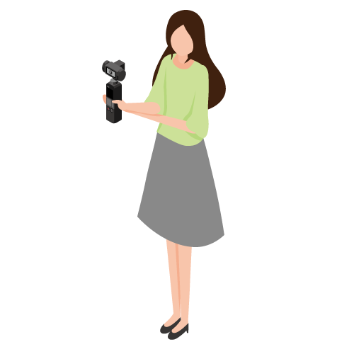 小型ジンバルカメラで撮影する女性のフリーアイソメトリックイラスト