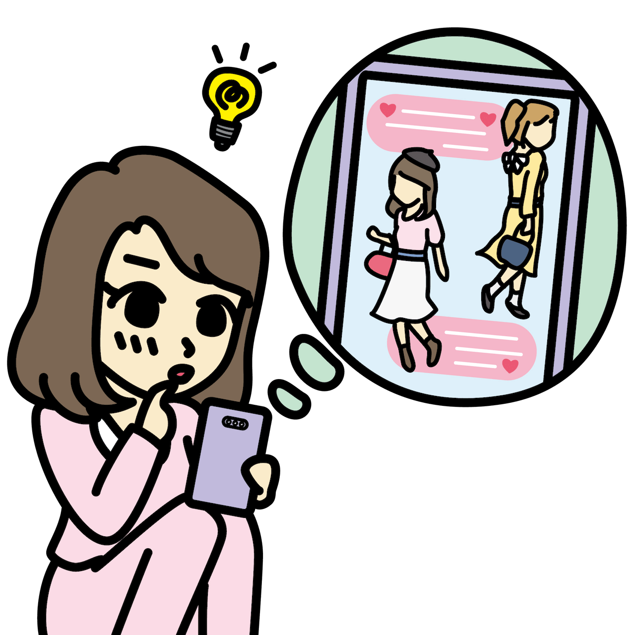 お出かけに来ていく服をスマホで検索する女性のフリーイラスト