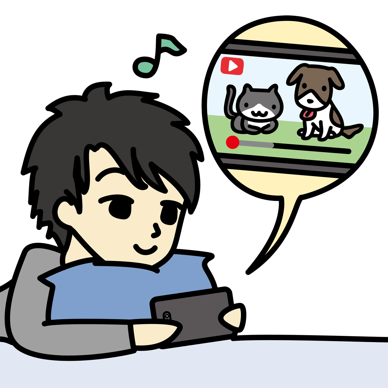 寝転がりながらyoutubeを見る男性のフリーイラスト