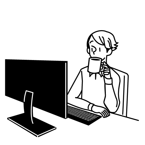デスクトップパソコンの前でコーヒーを飲む男性のフリーイラスト