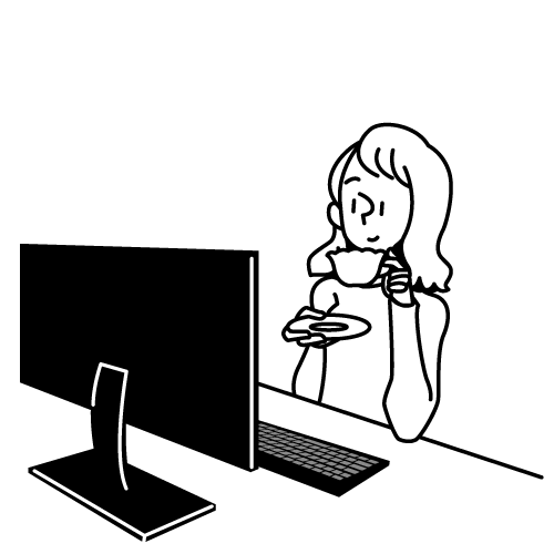 デスクトップパソコンの前で紅茶を飲む女性のフリーイラスト