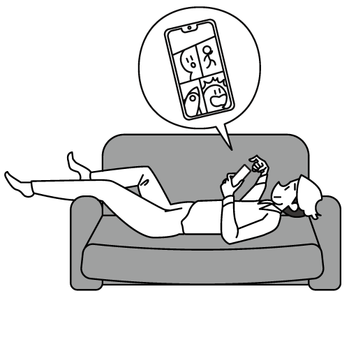 ソファで寝ころびながら漫画を読む男性のフリーイラスト